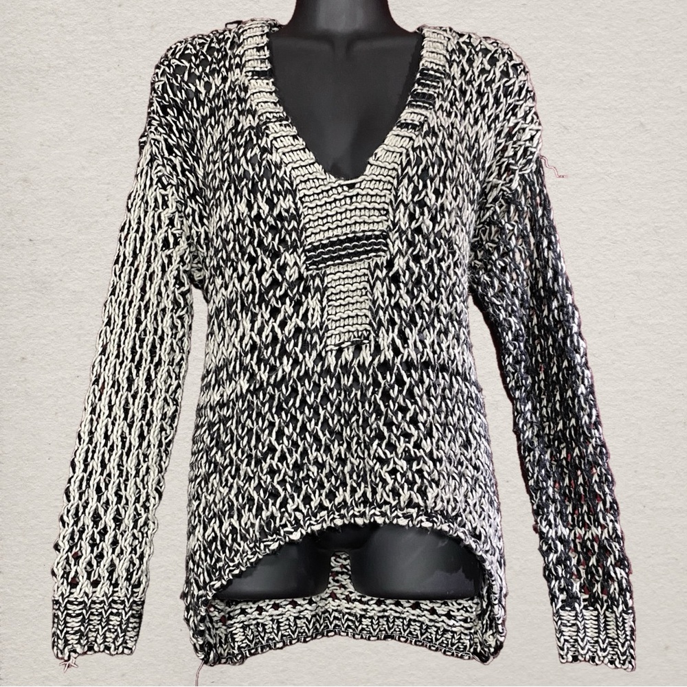 Black and White Open Knit V-Neck Sweater